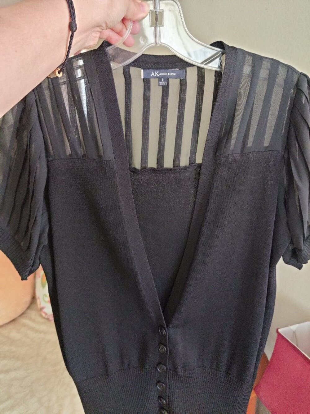 AK Anne Klein SZ-S Mesh Panel Short Sleeves Cardigan in BLACK
